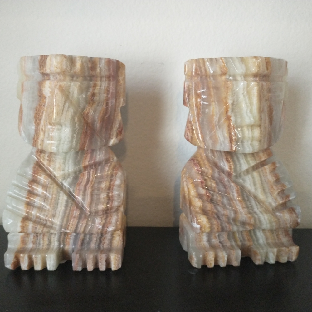 2 Tiki Style Carved Marble Stone Book Ends, Heavy 2.1  lbs each